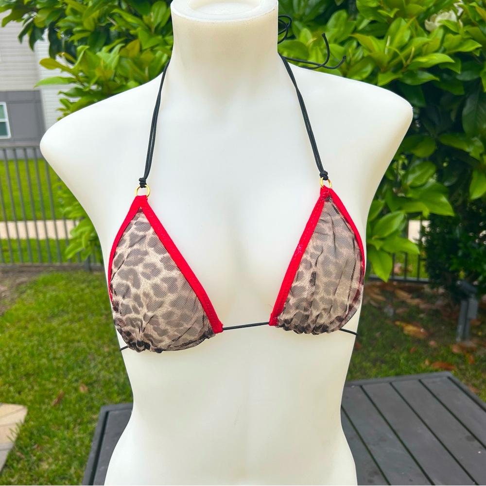 Leopard Print Triangle Bikini Top with Red Trim